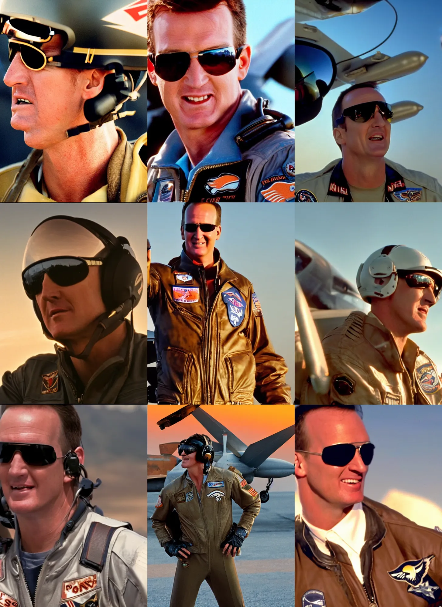 Prompt: peyton manning as maverick in top gun, golden hour, sunglasses, movie screen capture, f - 1 4 in the background, 4 k, hdr