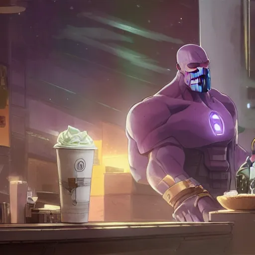 Image similar to portrait of thanos working at starbucks, digital illustration, by makoto shinkai and ruan jia and studio ghibli