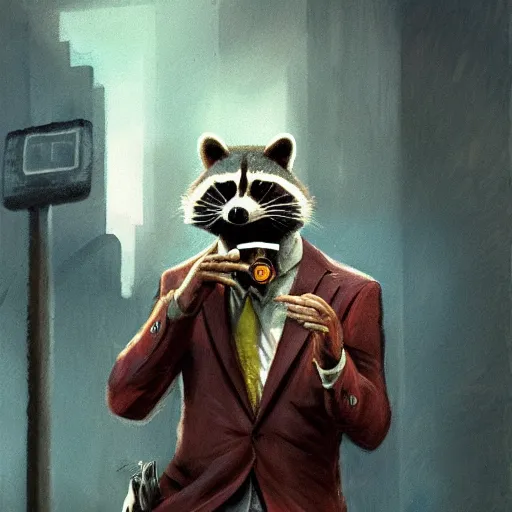 Image similar to a racoon wearing a suit smoking a cigar, dramatic lighting, cinematic, establishing shot, extremly high detail, photorealistic, cinematic lighting, artstation, style by James Gurney