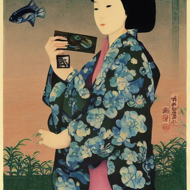 Image similar to tall emo female artist holding small portraits and fish on a train, wearing a kimono, on yamanote line in japan, tokyo station, summer, sweat, ice coffee, pigs, octopus, acrylic on canvas, surrealist, by magritte and monet