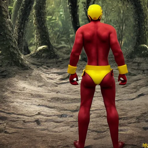 Image similar to « a person wearing yellow hazma suit, in a dark jungle, photorealistic, unreal engine 5, full body portrait, back view »