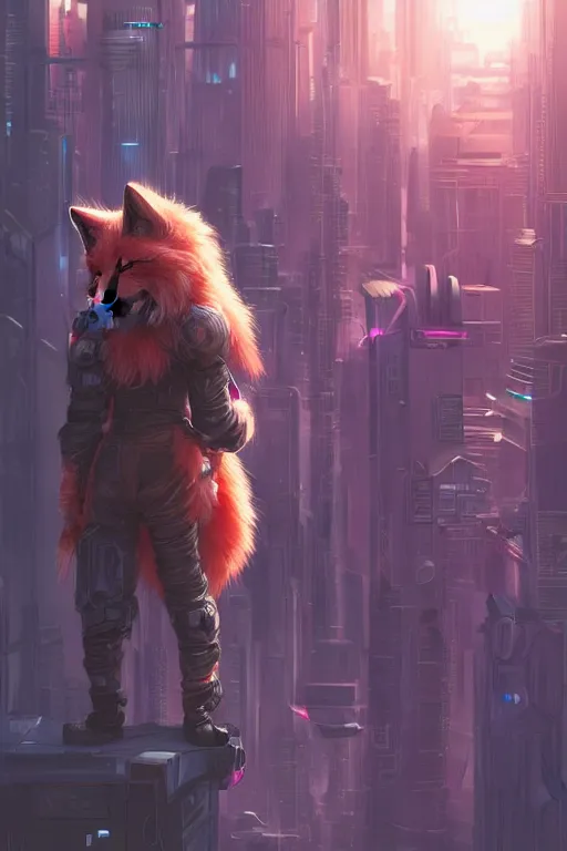 Image similar to a cyberpunk anthropomorphic fox with a fluffy tail staring over a futuristic city from the top of a roof, comic art, trending on furaffinity, cyberpunk, backlighting, cartoon