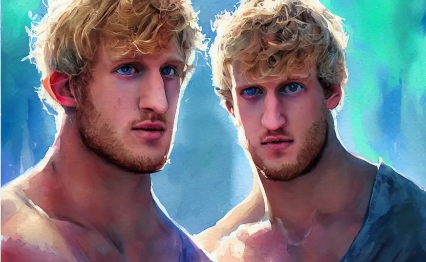 Image similar to a painting of a logan paul trending on artstation in the style of greg rutkowski, 3 d, watercolor, beautiful, young, portrait