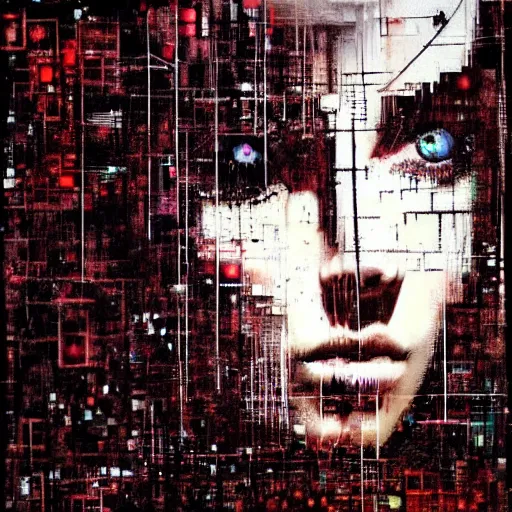 Prompt: portrait of a hooded beautiful women wearing a, mysterious, shadows, by Guy Denning, by Johannes Itten, by Russ Mills, glitch art, hacking effects, chromatic, color blocking, oil on canvas, concept art, abstract