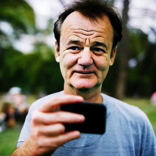 Prompt: modern color fine details iphone 12 Pro selfie photograph of a young 20 year old Bill Murray at 20 years old taking a selfie in a park on an iPhone 12 Pro, 20 year old Bill Murray, modern HD cell phone photograph in color, instagram, IQ4, 150MP, 50mm, F1.4, ISO 200, 1/160s, natural light, Adobe Photoshop, Adobe Lightroom, photolab, Affinity Photo, PhotoDirector 365