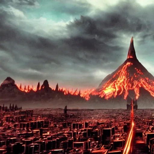 Prompt: mordor as a bustling city, highly detailed, sharp focus, skyline, vast, atmospheric, movie still, gothic, lord of the rings, mount doom, 4 k, fantasy