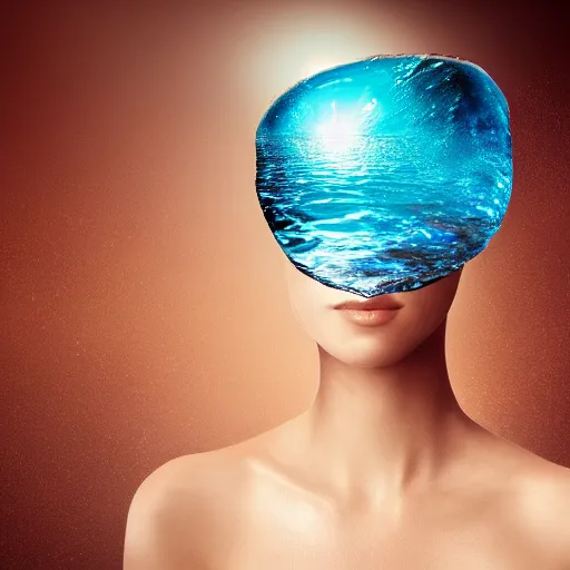 Image similar to water artwork manipulation in the shape of a human head, on the ocean water, beautiful woman, ray tracing, realistic water sharp focus, long shot, 8 k resolution, cinematic, surreal water art