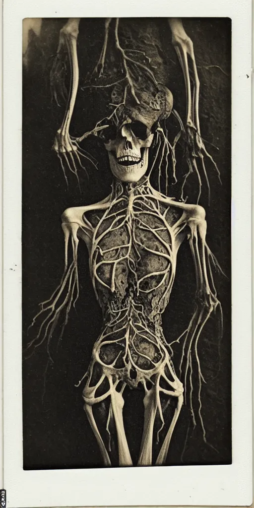 Image similar to an 1 9 1 0 polaroid photography of a very sad and detailed rotten woman corpse with fractal coral reefs and ornate growing all around, muscles, veins, arteries, bones, anatomical, skull, eye, ears, organs, flesh, full body, intricate, surreal, ray caesar, john constable, guy denning, dan hillier, black and white