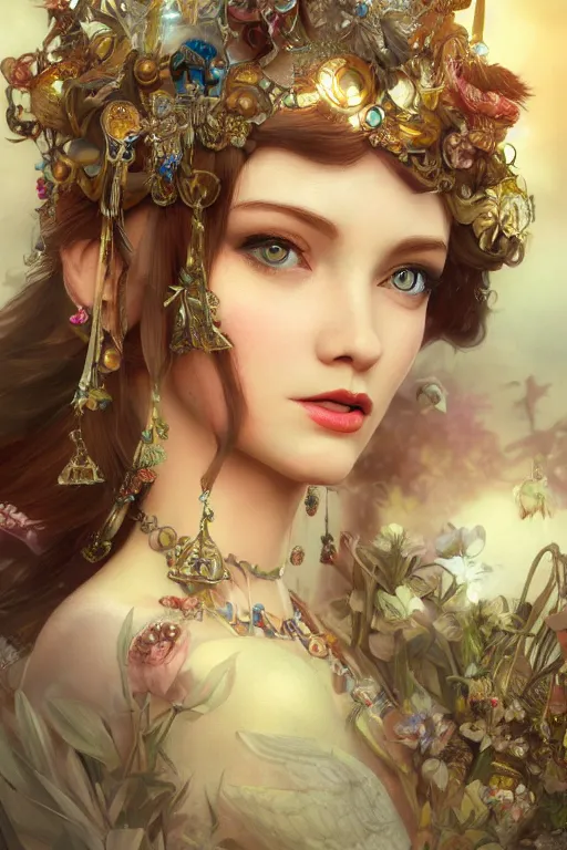 Image similar to extremely beautiful face closeup, 3 d render of english princess holding birds, ornaments, mucha vibe, dieselpunk, solarpunk, artstation, gorgeous, elegant, graceful