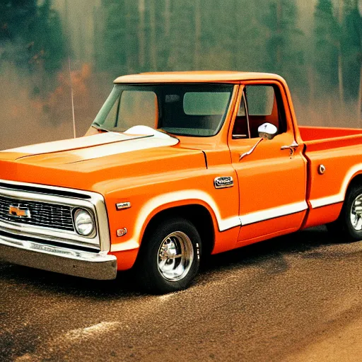 Image similar to 1972 orange and white Chevrolet C10 pickup fleeing a wildfire, Cinestill 800T