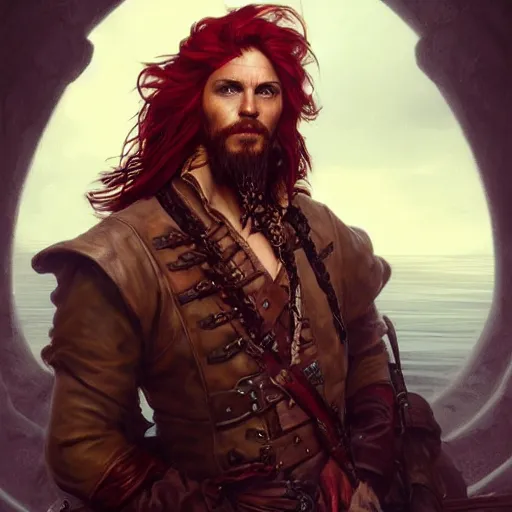 Prompt: portrait of a young pirate, 30 years old, male, ruggedly handsome, masculine, upper body, red hair, long hair, D&D, fantasy, intricate, elegant, highly detailed, cinematic lighting, digital painting, artstation, concept art, cutscene, sharp focus, illustration, art by Artgerm and Greg Rutkowski and Alphonse Mucha