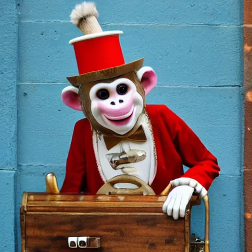 Prompt: johnny dep as an organ grinder monkey with his organ on a wall in the park, 8k, vivid