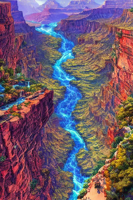 Image similar to landscape of waterfall in grand canyon neon colors, bird eye view, hyperdetailed illustration by kim jung gi, irakli nadar, intricate linework, bright colors, octopath traveler, final fantasy, unreal engine 5 highly rendered, global illumination, radiant light, detailed and intricate environment