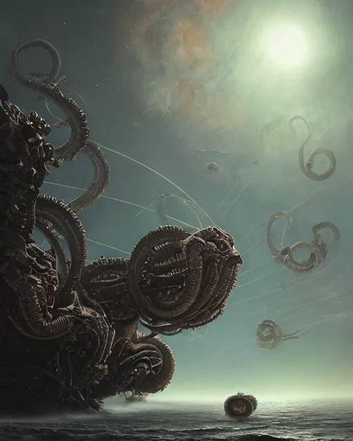 Image similar to a giant cosmic space kraken attacking an orbital space station, hyper realistic, volumetric lighting, intricately detailed, cosmic horror, Art station, Epic scale, art by Greg Rutkowski, art by Ruth Asawa, art by Ted Nasmith, art by H.R. Giger, Octane render, Unreal Engine 3D