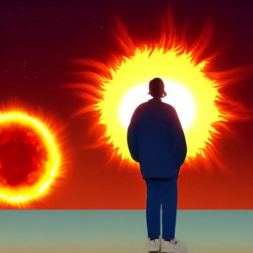 Prompt: giant fiery sun takes up most of the sky, two men look out over the horizon of a desert with plants on fire, anamorphic film still