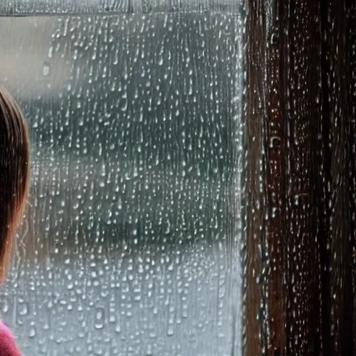 Image similar to young person looking through window on rainy day, view of her head from behind, sad, lots of raindrops, detailed, cinematic, dramatic lighting