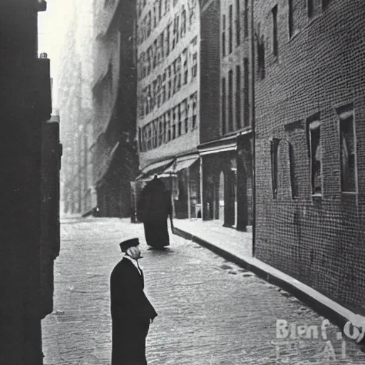 Image similar to old black and white photo portrait, 1 9 2 5, close - up portrait depicting batman standing proudly in alley of new york city, rule of thirds, historical record