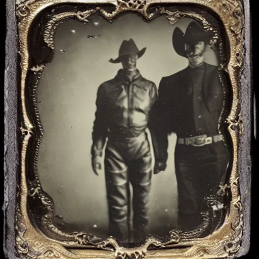 Image similar to alien standing next to cowboy, tintype photograph