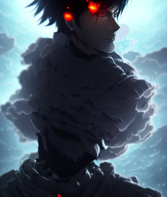 Image similar to a detailed manga illustration character full body portrait of a dark haired cyborg anime man shrouded in clouds of dark smoke and fire, trending on artstation, digital art, 4 k resolution, detailed, high quality, sharp focus, hq artwork, insane detail, concept art, character concept, character illustration, full body illustration, cinematic, dramatic lighting