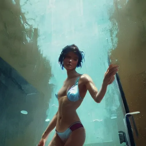 Prompt: beautiful woman getting out of a swimming pool, art by greg rutkowski, artgerm, artstation, highly detailed, pretty, gorgeous, cute, warm lighting