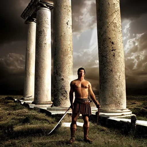 Image similar to portrait of Achilles holding a spear, standing in ruins, fallen columns, highly detailed face, tom chambers photography