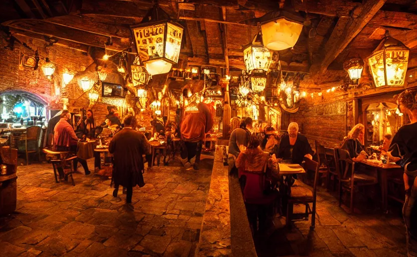 Prompt: medieval tavern, rowdy patrons, steins of ale, ambient, atmospheric, british, cozy, bokeh, adventurous, colorful lanterns