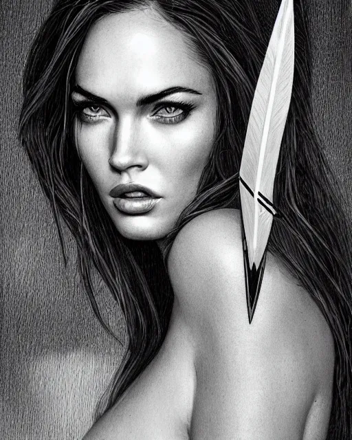 Image similar to portrait of beautiful megan fox as greek goddess aphrodite, archer, arrow on the head, beautiful piercing eyes, flowing blonde hair, realistic face, black and white drawing, in the style of greg rutkowski, fantasy, amazing detail, epic, intricate, elegant, smooth, sharp focus