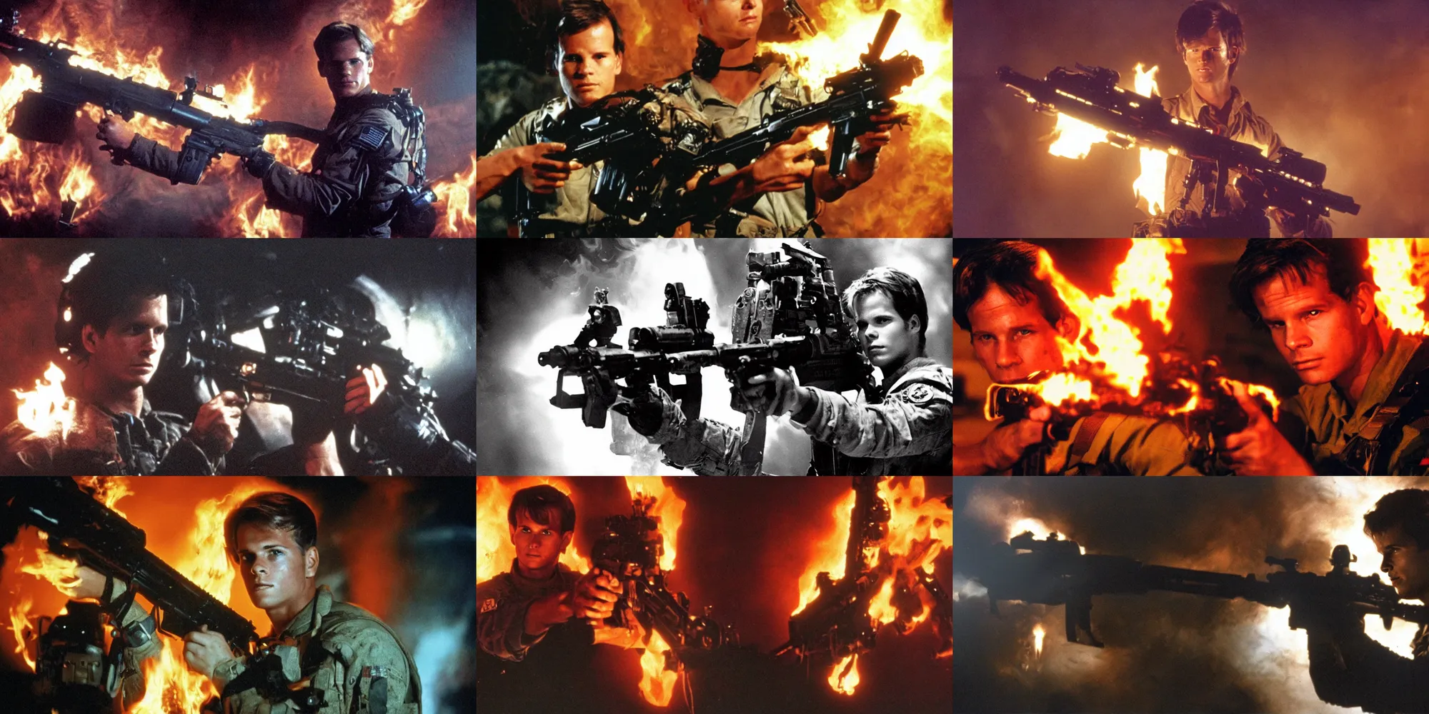 Prompt: Portrait of Colonial Marine Hudson (young 20 year old Bill Paxton) holding a M41A pulse rifle, darkness and flames, dramatic lighting , film still from Aliens by James Cameron