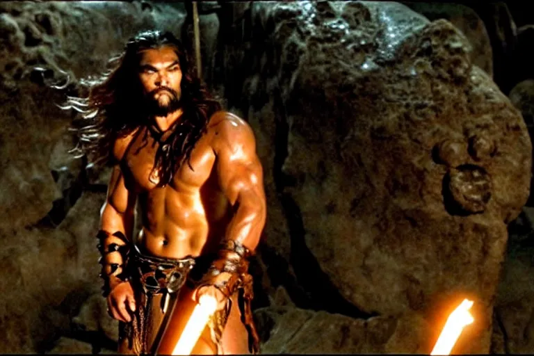 Image similar to film still from conan the barbarian, jason momoa as conan holding a torch in the catacombs of evil, fantasy armor, volumetric lighting, mist, wet skin and windblown hair, muscular!!!, masculine pose, ridley scott