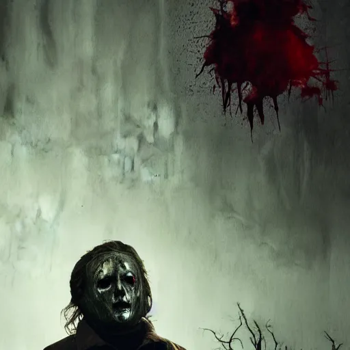 Prompt: photorealistic, textured 3 d, horror movie halloween, dark fantasy, liminal space, michael myers holding large knife with blood dripping from it, 4 k