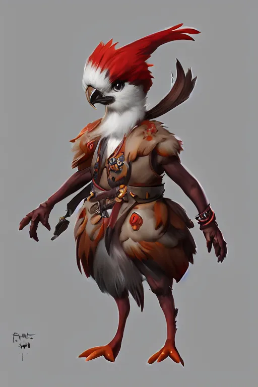 Prompt: Trendy Anthropomorphic bird, MOBA character concept art, 8k, unreal engine