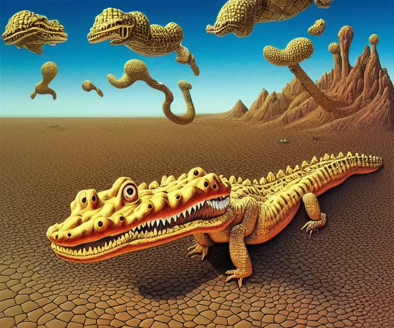 Prompt: hyper detailed 3d render like a Oil painting - a cartoon crocodile in a desert, by Jacek Yerka, Mariusz Lewandowski, Houdini algorithmic generative render, Abstract brush strokes, Masterpiece, Edward Hopper and James Gilleard, Zdzislaw Beksinski, Mark Ryden, Wolfgang Lettl, hints of Yayoi Kasuma, octane render, 8k