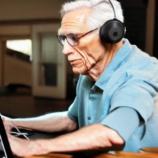 Image similar to A colored colorized real screenshot of Jerma985 as an elderly guy streaming on his computer while wearing headphones, taken in the early 2020s, taken on a 2010s Camera, realistic, hyperrealistic, very realistic, very very realistic, highly detailed, very detailed, extremely detailed, detailed, digital art, trending on artstation, headshot and bodyshot, detailed face, very detailed face, very detailed face, real, real world, in real life, realism, HD Quality, 8k resolution, intricate details, colorized photograph, colorized photon, body and headshot, body and head in view