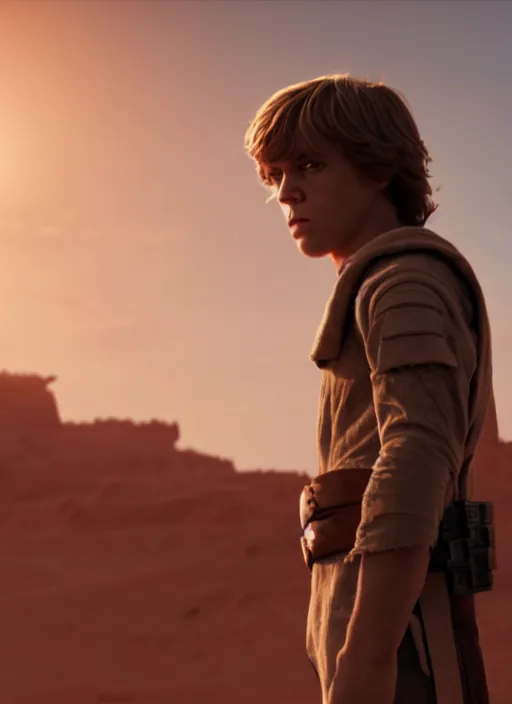 Prompt: young luke skywalker in a heroic action pose against a tatooine sunset, close up, dramatic lighting, octane render, digital art