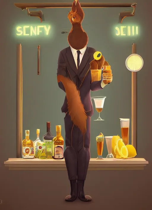 Image similar to squirrel anthro as a dapper bartender with a big fluffy tail, retro futurism, art deco, detailed painterly digital art by WLOP and Cory Loftis, 🐿🍸🍋, furaffinity, trending on artstation