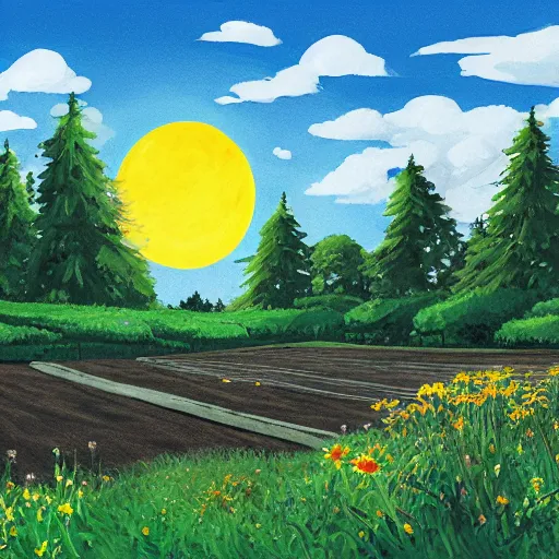 Prompt: empty village runway panorama in the woods with beautiful sky and giant sun, bloom, on, painting by ghibli pixar disney traditional gouache painting