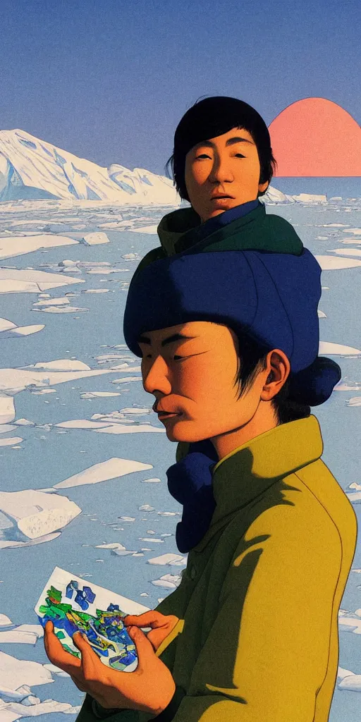 Image similar to a closeup portrait of a young siberian man eating a blotter paper of LSD acid and dreaming psychedelic hallucinations in the vast icy landscape of Antarctica, by kawase hasui, moebius and Edward Hopper, colorful flat surreal design, hd, 8k, artstation