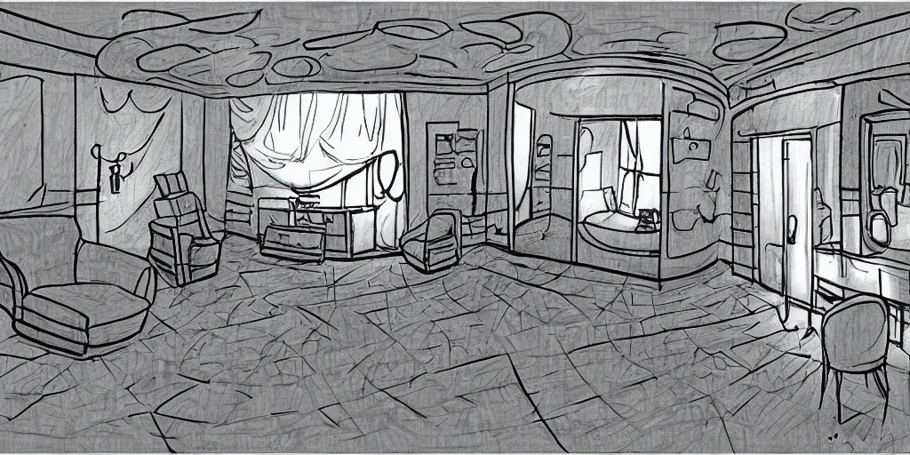 Image similar to a dimly lit, theater dressing room, with a mirror, a chair, a couch, day of the tentacle style, drawn by Peter Chan, 5 point perspective