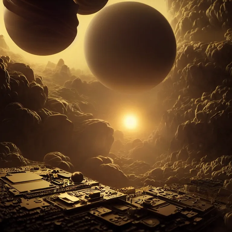 Prompt: motherboard, chip circuit, computer, dream - like atmosphere, on exoplanet, baroque landscape painting, perfect composition, beautiful detailed intricate insanely detailed octane render trending on artstation, 8 k artistic photography, photorealistic, soft natural volumetric cinematic perfect light, chiaroscuro, award - winning photograph, masterpiece, raphael, caravaggio, greg rutkowski, beeple