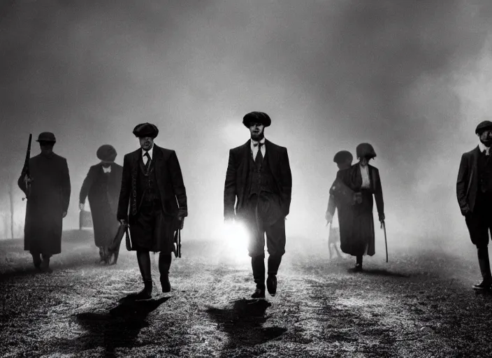 Image similar to a scene from peaky blinders, medium long shot, a cabin in the background, faces covered in shadows, black and white, cinematic, epic, arty,