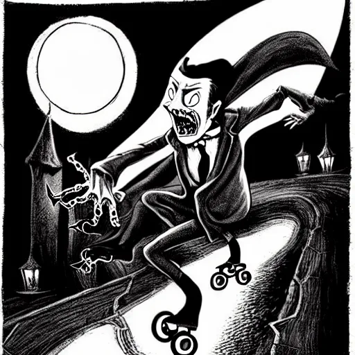 Image similar to black and white trippy comic art of dracula the vampire roller skating on roller skates, drawn by martin rowson, tim burton, alex pardee, nekro petros afshar, james mcdermott, cgsociety, award - winning, awesome, stunning, beautiful, stark, 4 k