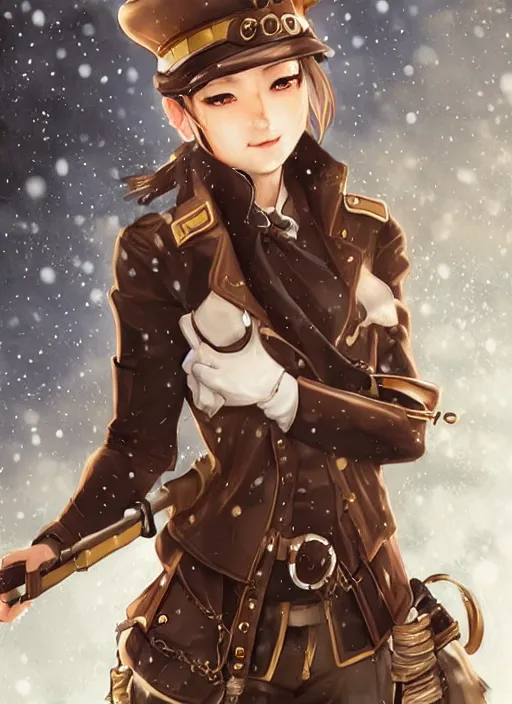 Image similar to girl with steampunk weapons and uniform, mad, intense, finely detailed, made by artgerm, ross tran, full body portrait, illustration, snow, snowing, cloudy, anime, side view, perfect anime face, realistic face, zoomed out, smooth, brown eyes, high waisted shorts