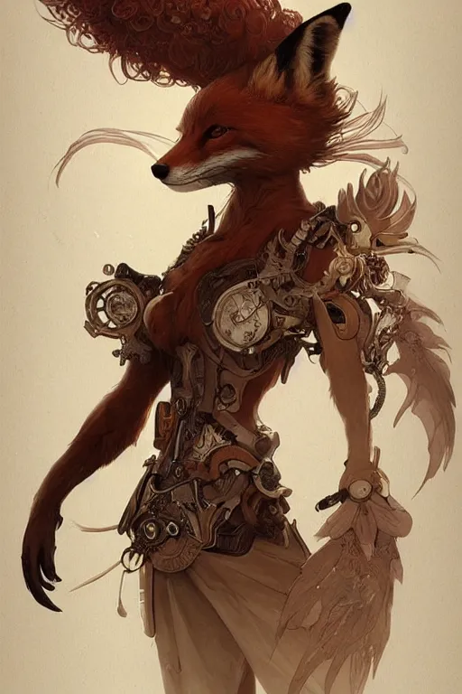 Image similar to heroic character design of anthropomorphic fox, whimsical fox with 6 tails, portrait, western, steampunk, duster, fantasy, intricate, elegant, highly detailed, digital painting, artstation, concept art, sharp focus, illustration, art by artgerm and greg rutkowski and alphonse mucha