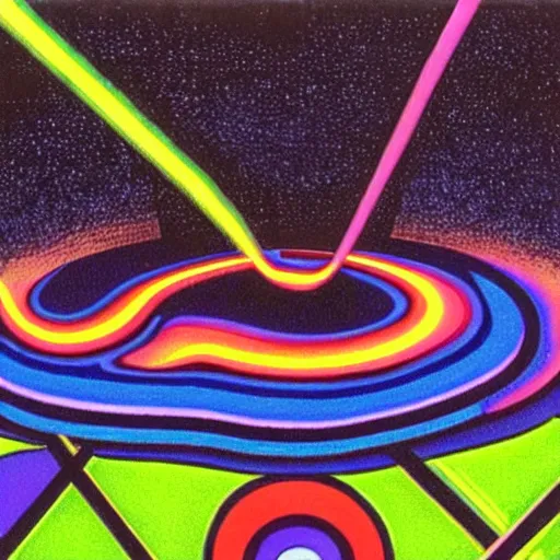 Image similar to neon void, rainbow road in the distant deep space, liminal, by dr. seuss and max ernst