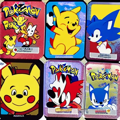 Image similar to photograph of winnie the pooh and super mario and sonic the hedgehog anime style, on pokemon card packs at target