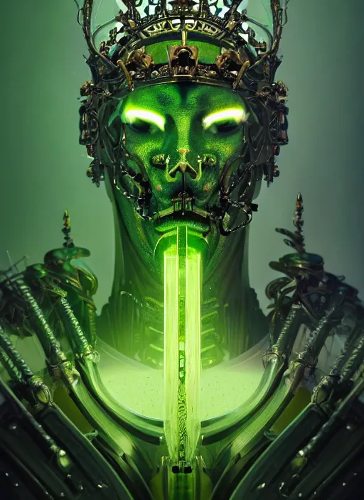 Image similar to portrait shot of the king of the bionic skeletons with a crown of blades, glowing green, intricate, elegant, highly detailed, centered, digital painting, artstation, concept art, smooth, sharp focus, warframe, illustration, anders zorn, tomasz alen kopera, peter mohrbacher, donato giancola, leyendecker, boris vallejo