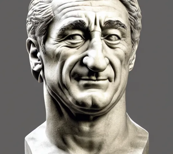 Prompt: a hyper-detailed marble status of Robert DeNiro by Michelangelo; anatomically correct; proud posture; trending on artstation; f/1.4; 90mm