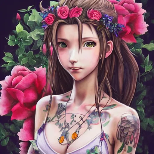 Image similar to concept art of aerith gainsborough with tattoos, amongst flowers, high quality, detailed, trending on artstartion