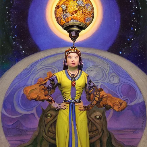 Image similar to queen of the moon with her lantern and regalia, by donato giancola and nicholas roerich, and diego rivera, and leo and diane dillon, symbolist, tattoos, dramatic lighting, elaborate geometric ornament, art brut, god rays, soft cool colors, smooth, sharp focus, extremely detailed