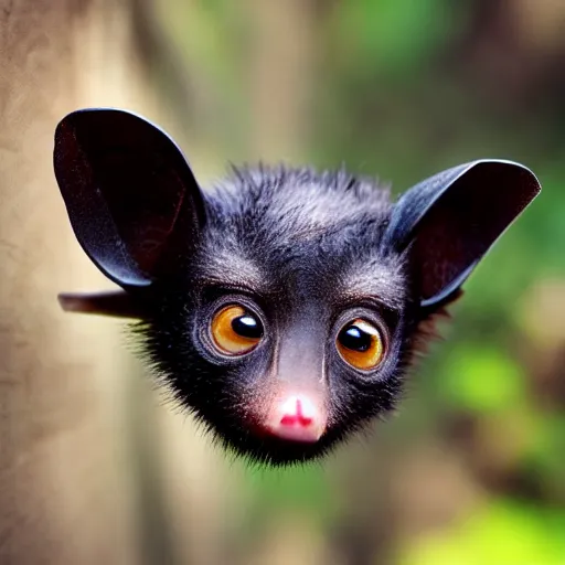 Image similar to very very very very cute chibi baby fruit bat, portrait, pixar style, forest background, cinematic lighting, award winning creature portrait photography